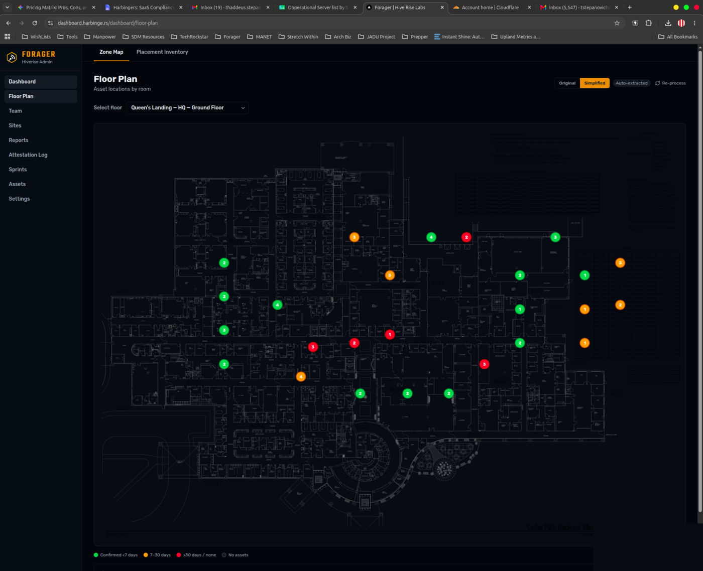 Forager web dashboard — Zone Map showing asset confirmation status across a hospital ground floor